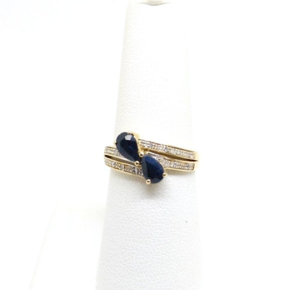 9K YELLOW GOLD PEAR BLUE SAPPHIRES ROUND DIAMONDS RING SEPTEMBER GEMSTOBE SIZE 7